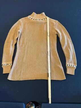 Pearl Beaded Trim Rib Knit Mock Turtleneck Sweater - Camel Sz S
